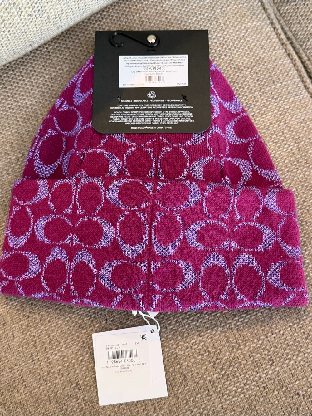 NWT - COACH Women's Deep Plum Metallic Signature C Beanie Hat & Gloves Set - Picture 2 of 8